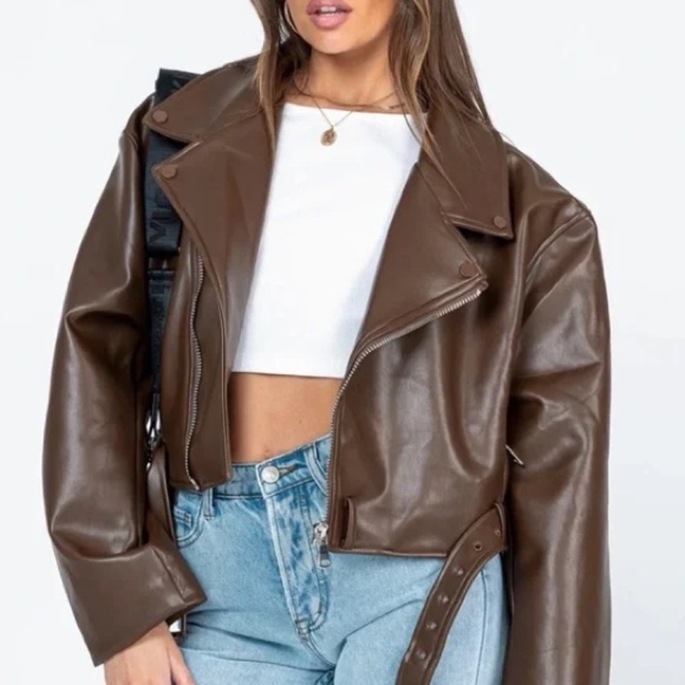 Lioness Staten Island Jacket Brown Leather Moto Style 🤎